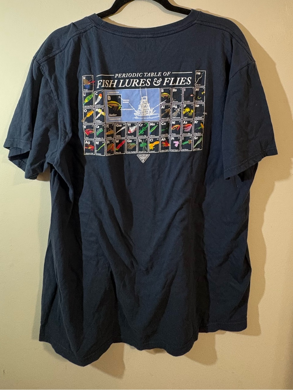 Columbia PFG Navy Periodic Table of Fish Lures & Flies t-shirt X-Large graphic
